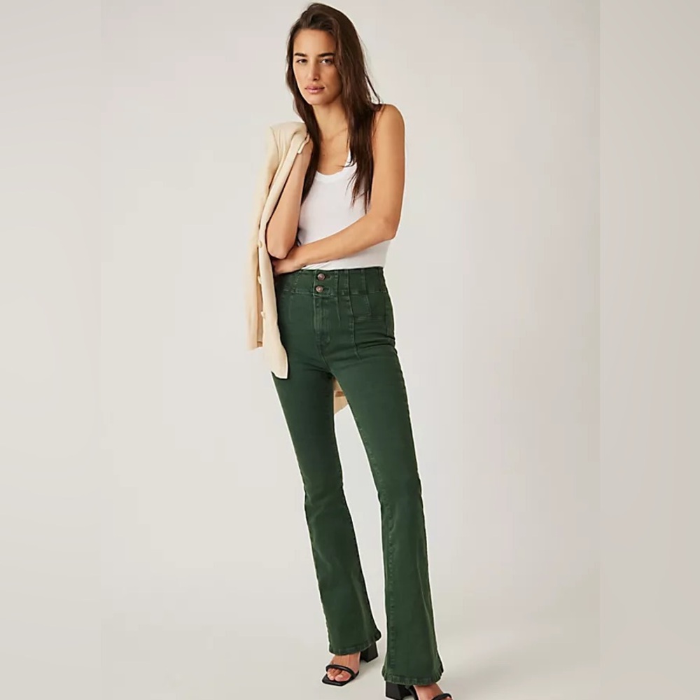 Free People We The Free Jayde High Rise Flare Dark Green Forest Jeans